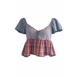 American Eagle Plaid Crop Top Peplum Babydoll Tie Front Cottagecore Y2K Blouse